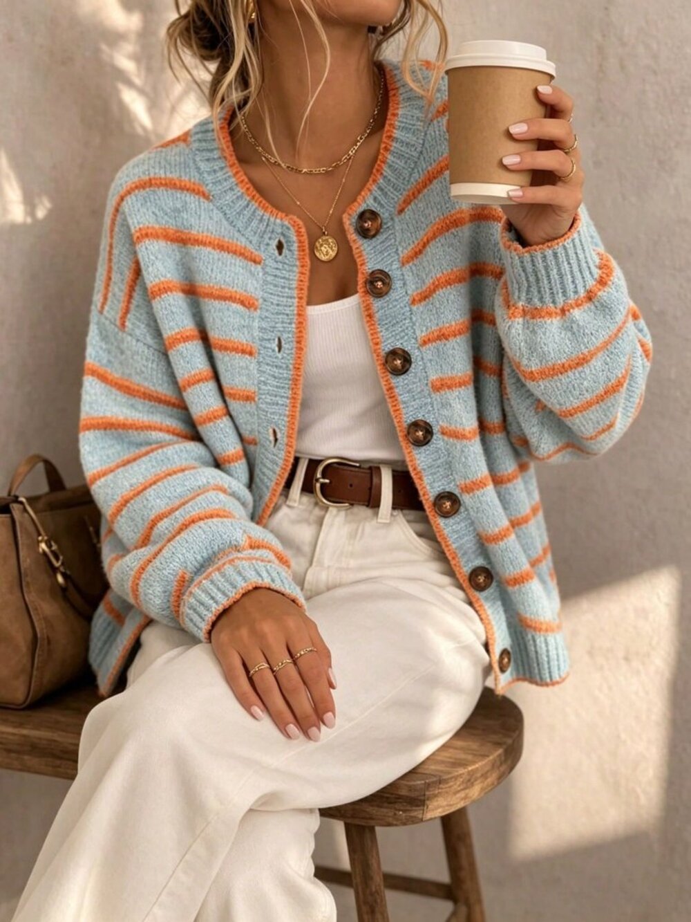 Baby Blue Casual Women's Contrast Color Striped Long Sleeve Knit Cardigan - Picture 4 of 6